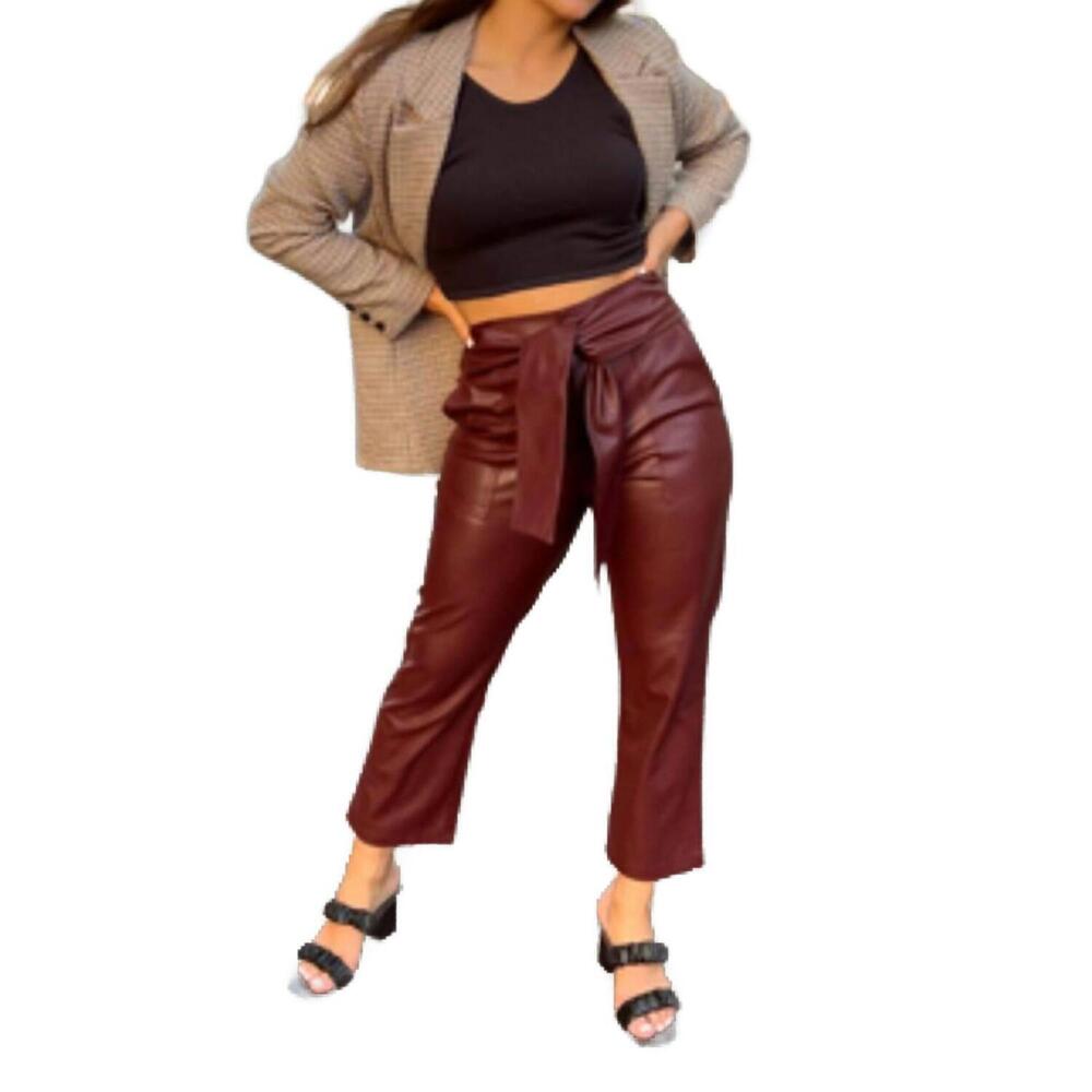 NEW LUCY PARIS faux leather belted ankle high pants in burgundy